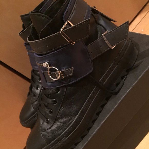 RAF SIMONS Men's Leather High Top Buckle Sneakers - Picture 2 of 8